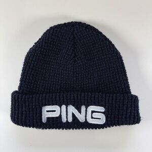 PING Knit Golf Beanie Spellout Embroidered Blue Cap Ribbed